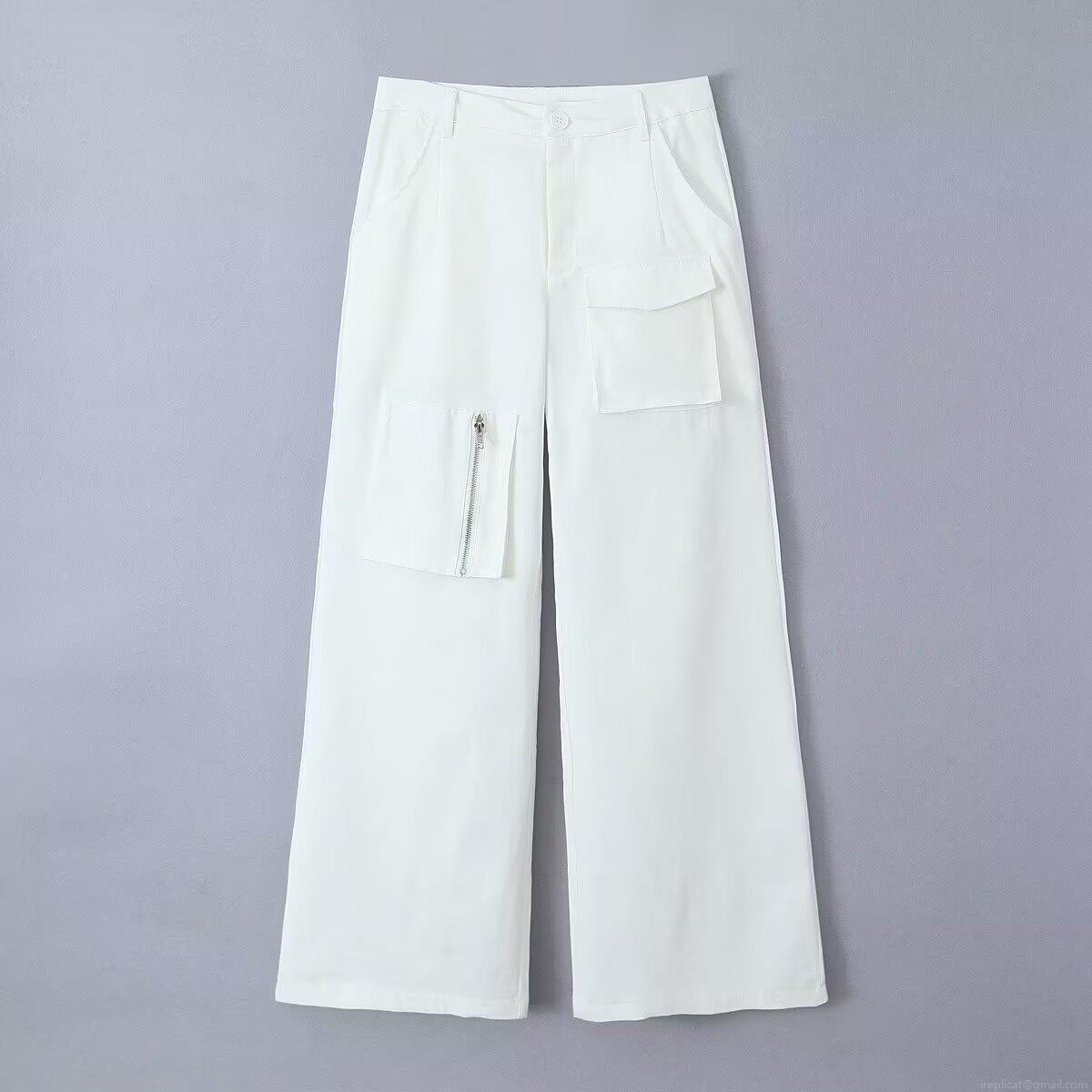 Women White Cargo Pants Low Waist Wide Leg Multi Pocket Casual Trousers Streetwear Fashion Cotton Blend Straight Leg Bottoms