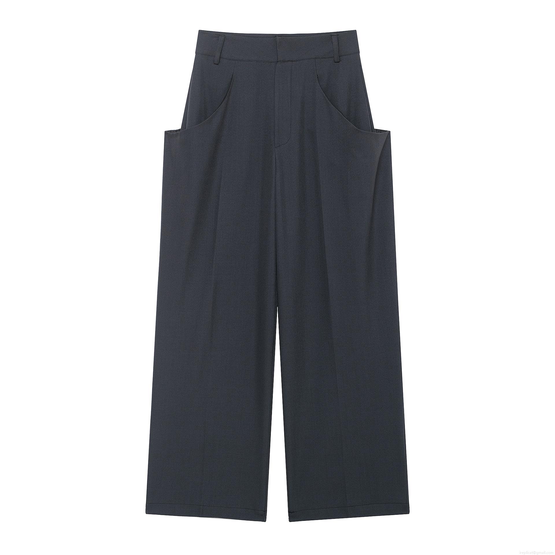 Women's High Waist Wide Leg Pants 100% Polyester Woven Solid Color Casual Long Trousers Large Curved Pockets Modern Minimalist Fashion