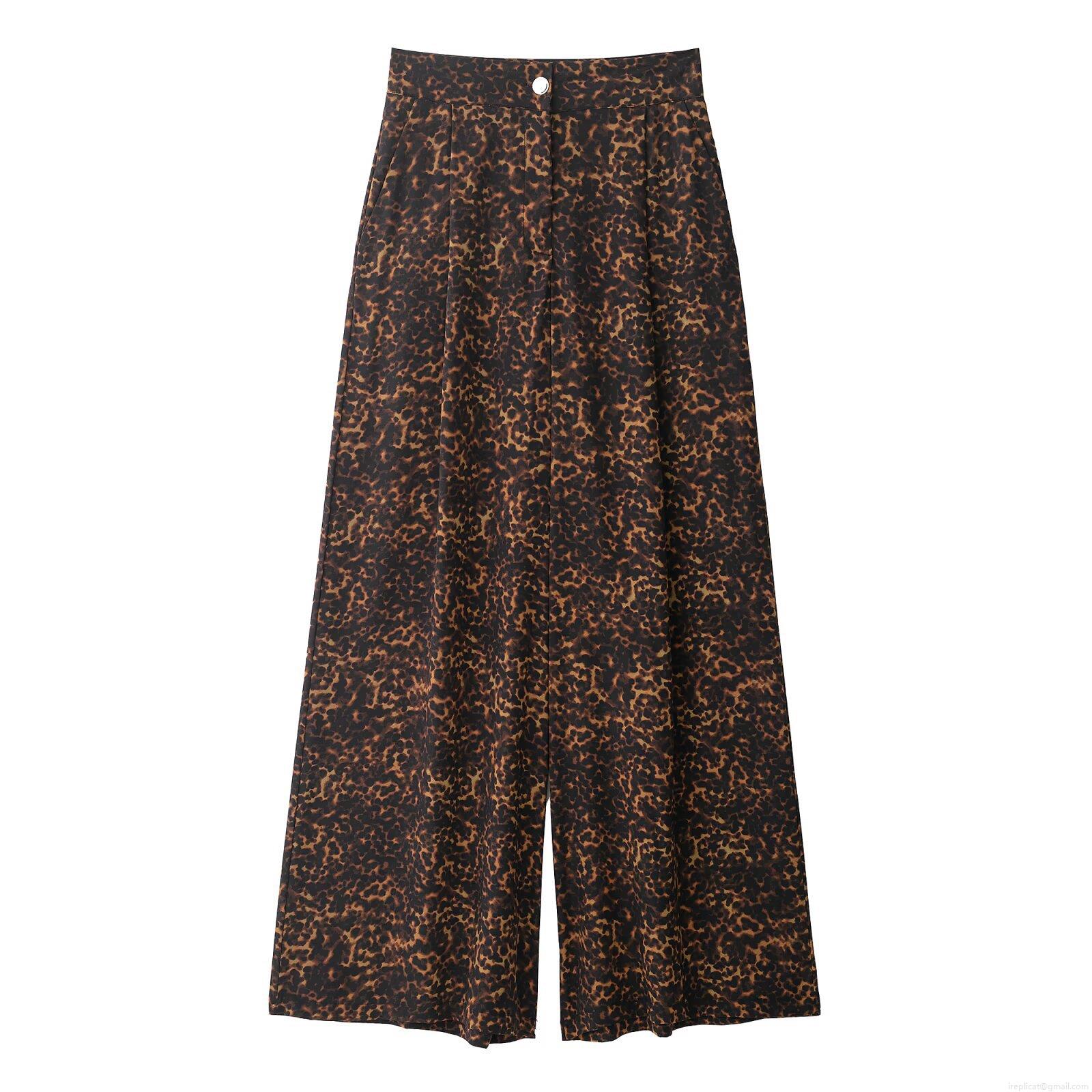 Women Leopard Print Wide Leg Pants High Waist Loose Autumn Casual Trousers Long Flowy Culottes With Side Pockets