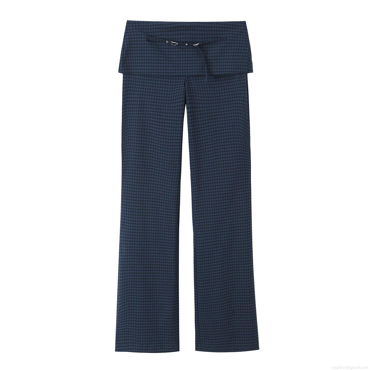 Women's Plaid Casual Pants With Belt Sweet Patchwork Navy Blue Straight Leg Trousers For Daily Autumn Wear Fashion Bottoms