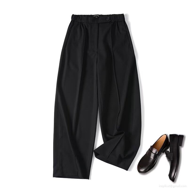 Women's Casual Wide Leg Curved Trousers Polyester Rayon Blend Solid Black High Waist Loose Fit Pants Fashion Streetwear Slacks for Women