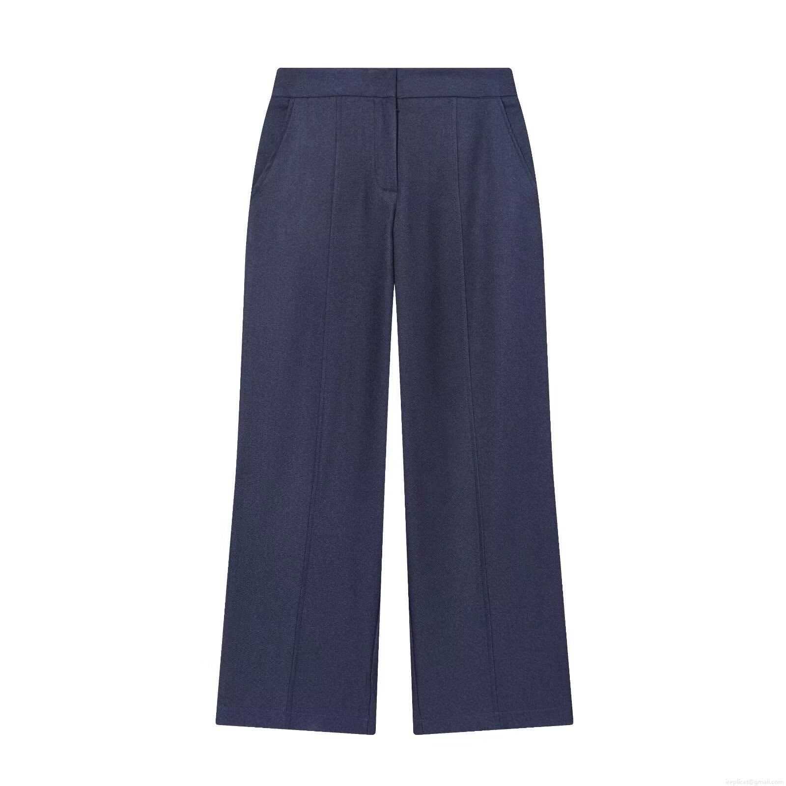 Women's Casual Straight Leg Pants High Waist Polyester Blend Deep Blue Trousers Winter Fashion Wide Leg Office Lady Bottoms Solid Color Long Pants