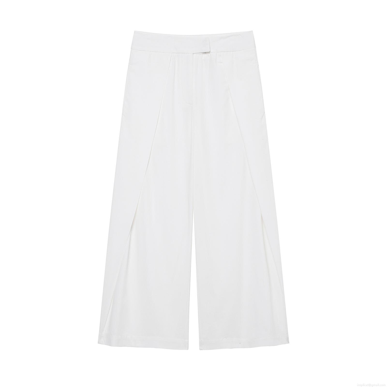 Women's Minimalist Wide Leg Pants Fashion Solid Color Pleated Full Length Trousers Office Commuting Daily Casual Loose Mid Waist White Polyester Pants