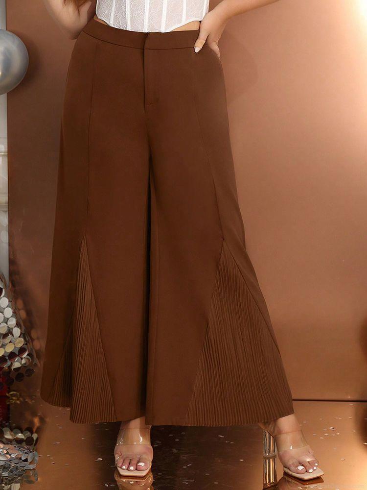 Women Plus Size High Waist Wide Leg Pants Elegant Pleated Hem Stitching Long Trousers Coffee Brown Fashionable Casual Loose Streetwear Trousers