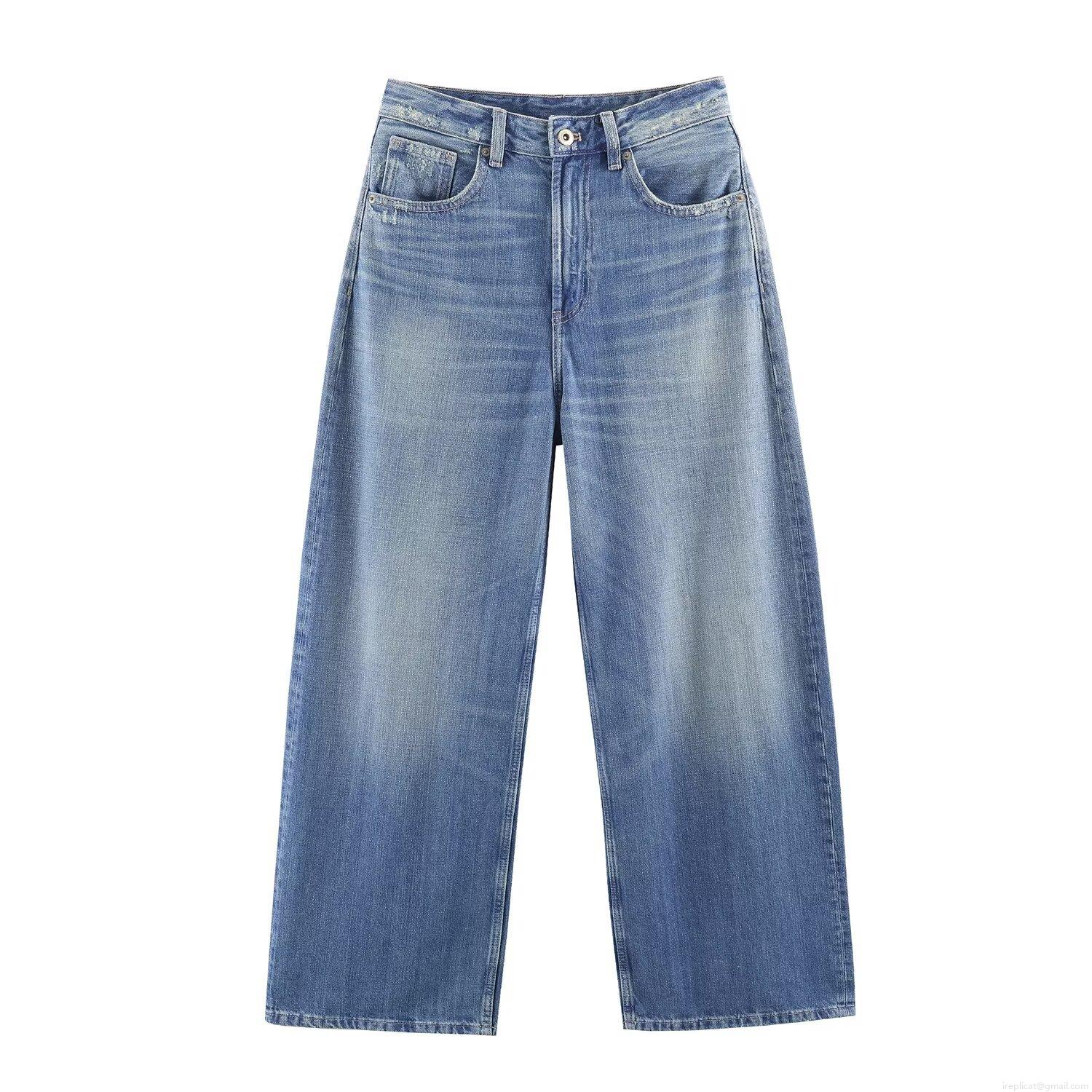 High Waisted Wide Leg Jeans With Brown Leather Pockets Washed Blue Denim Pants Retro Casual Straight Leg Trousers For Women Streetwear Fashion Loose Denim Bottoms