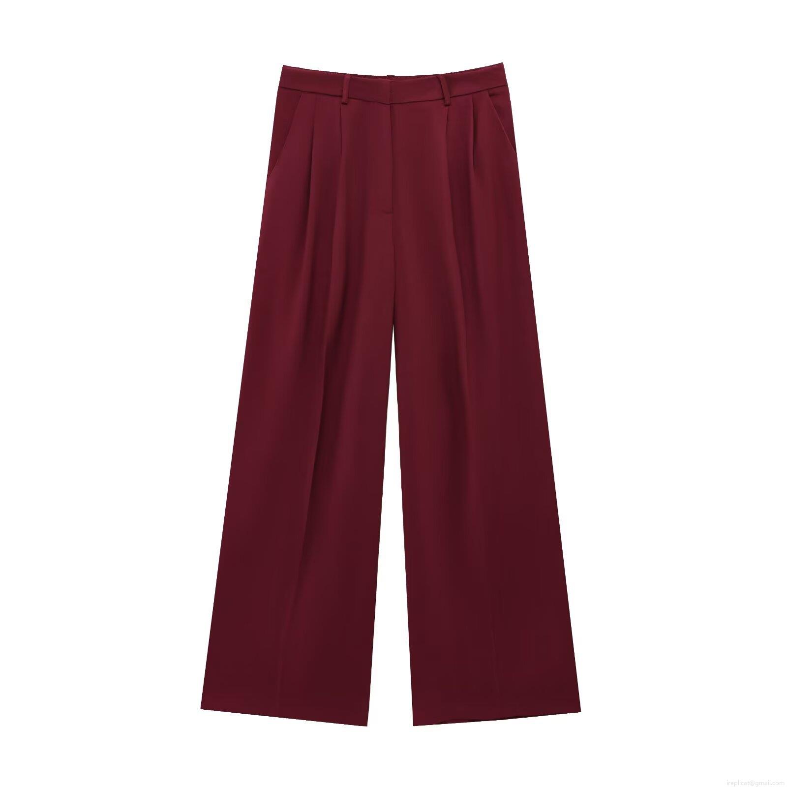 Elegant Burgundy High Waist Wide Leg Suit Pants Women's Office Career Drapey Twill Straight Trousers Casual Minimalist Slim Fit Long Trousers