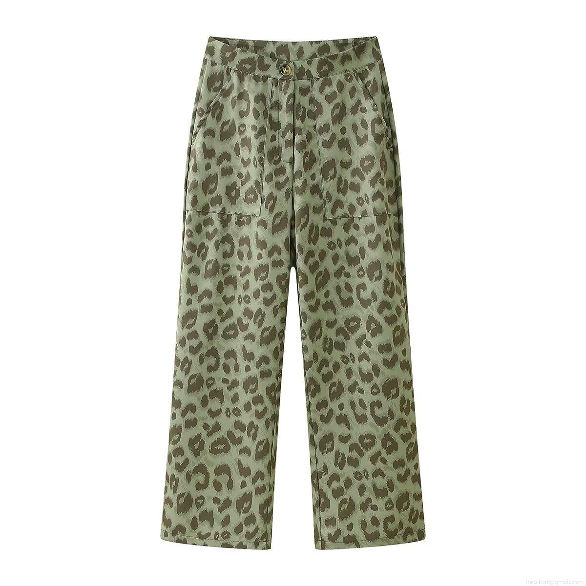 Women Fashion Leopard Print High Waisted Wide Leg Pants Casual Straight Long Trousers Polyester Olive Green Animal Print Bottoms