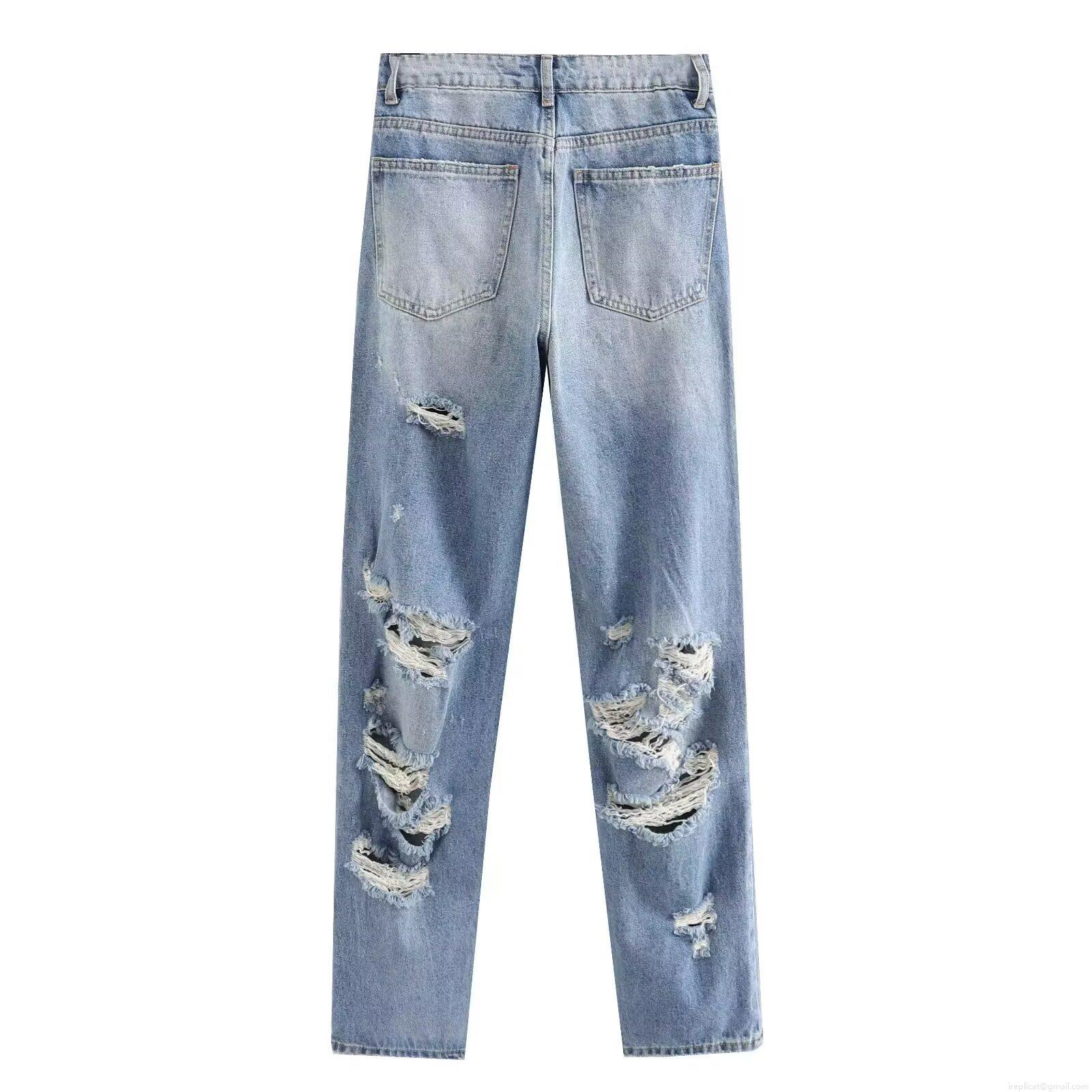 Women's Distressed Straight Leg Jeans High Waist Washed Blue Ripped Cotton Denim Pants Casual Streetwear Fashion Jeans Retro Style
