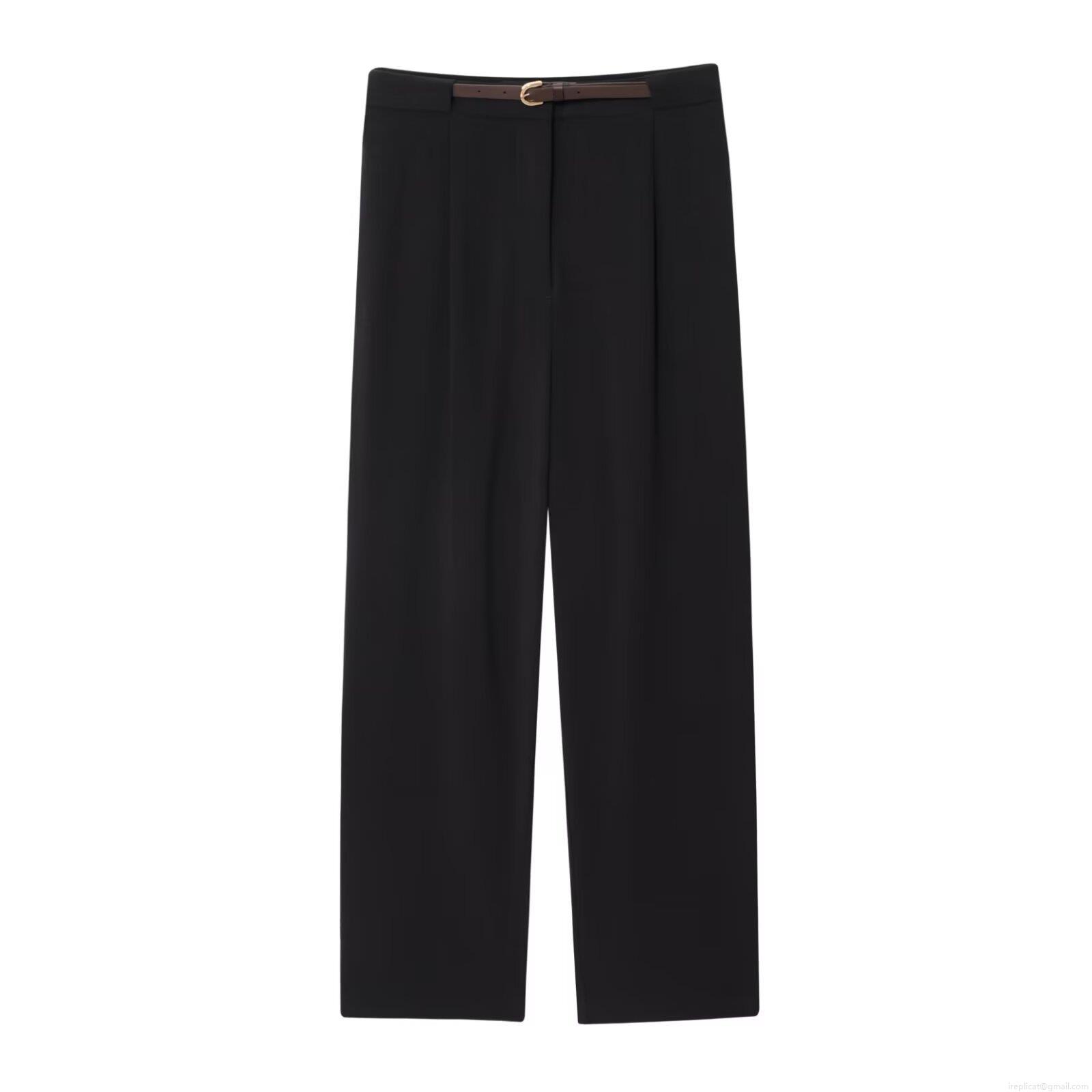 Women's Elegant High Waist Straight Leg Suit Pants With Brown Belt Fashion Pleated Solid Color Casual Trousers For Office Commute Lady