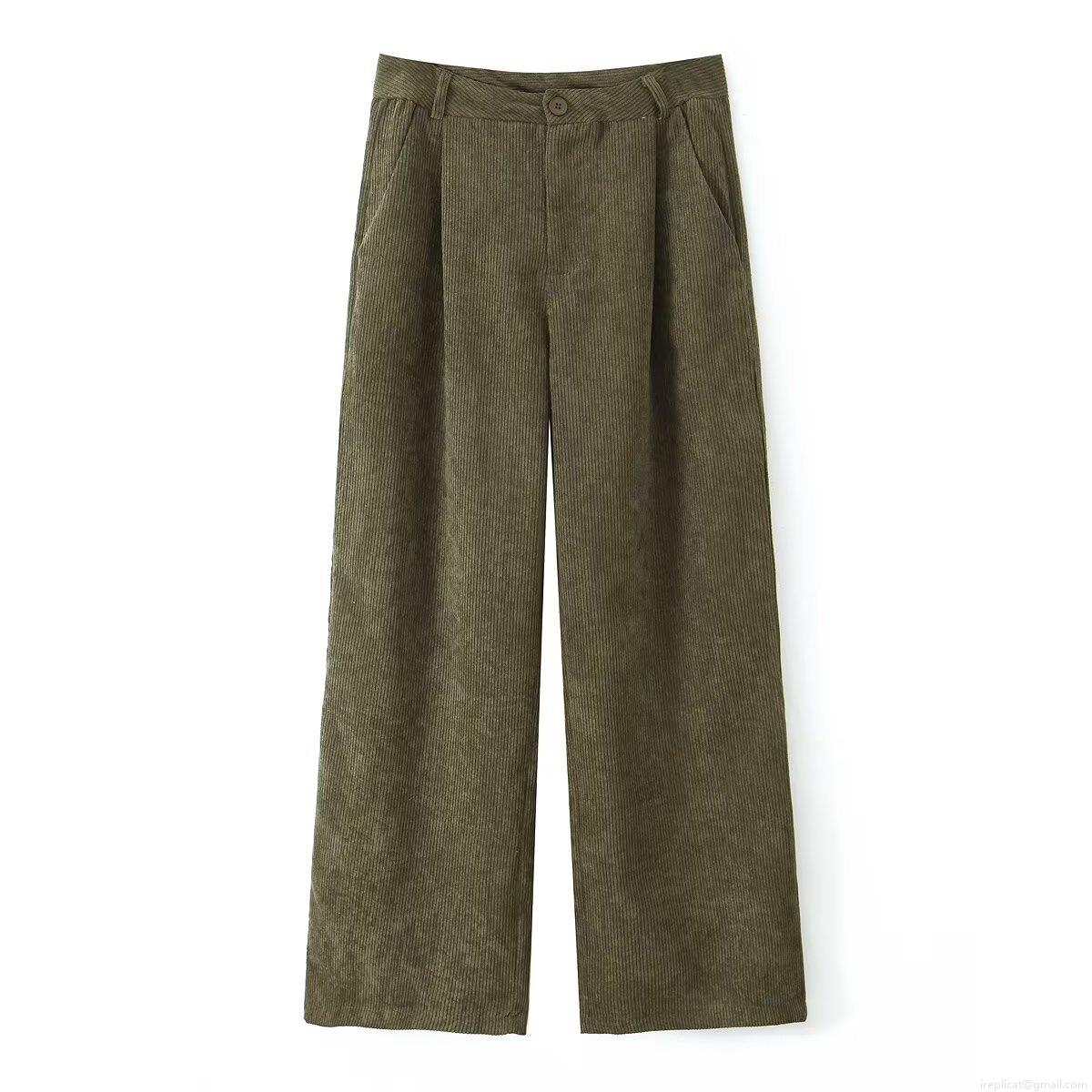 Women's High Waist Corduroy Wide Leg Pants Vintage Solid Olive Green Casual Straight Long Trousers With Pockets Elegant Loose Fitting Bottoms For Ladies