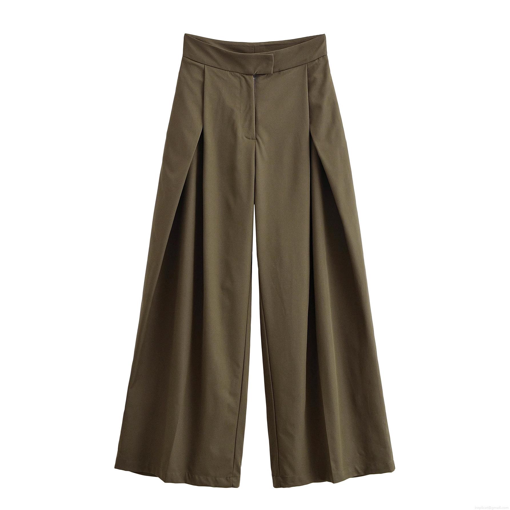 Women's High Waist Wide Leg Trousers 100% Polyester Pleated Loose Straight Casual Pants For Office Commuting Daily Minimalist Solid Color Olive Green