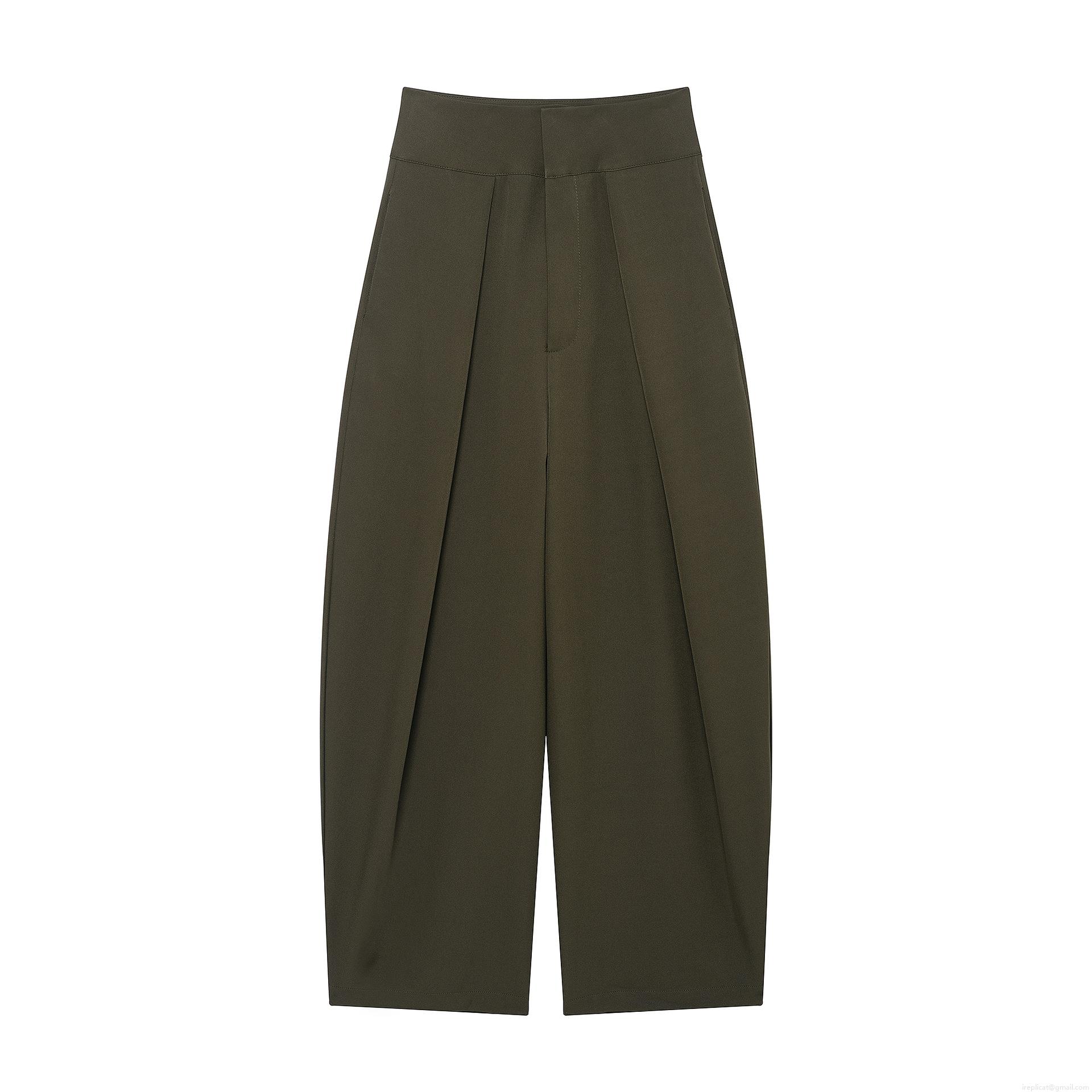 Women's High Waisted Pleated Balloon Pants Polyester Dark Olive Green Solid Color Casual Trousers Loose Wide Leg Long Pants for Office Daily Wear