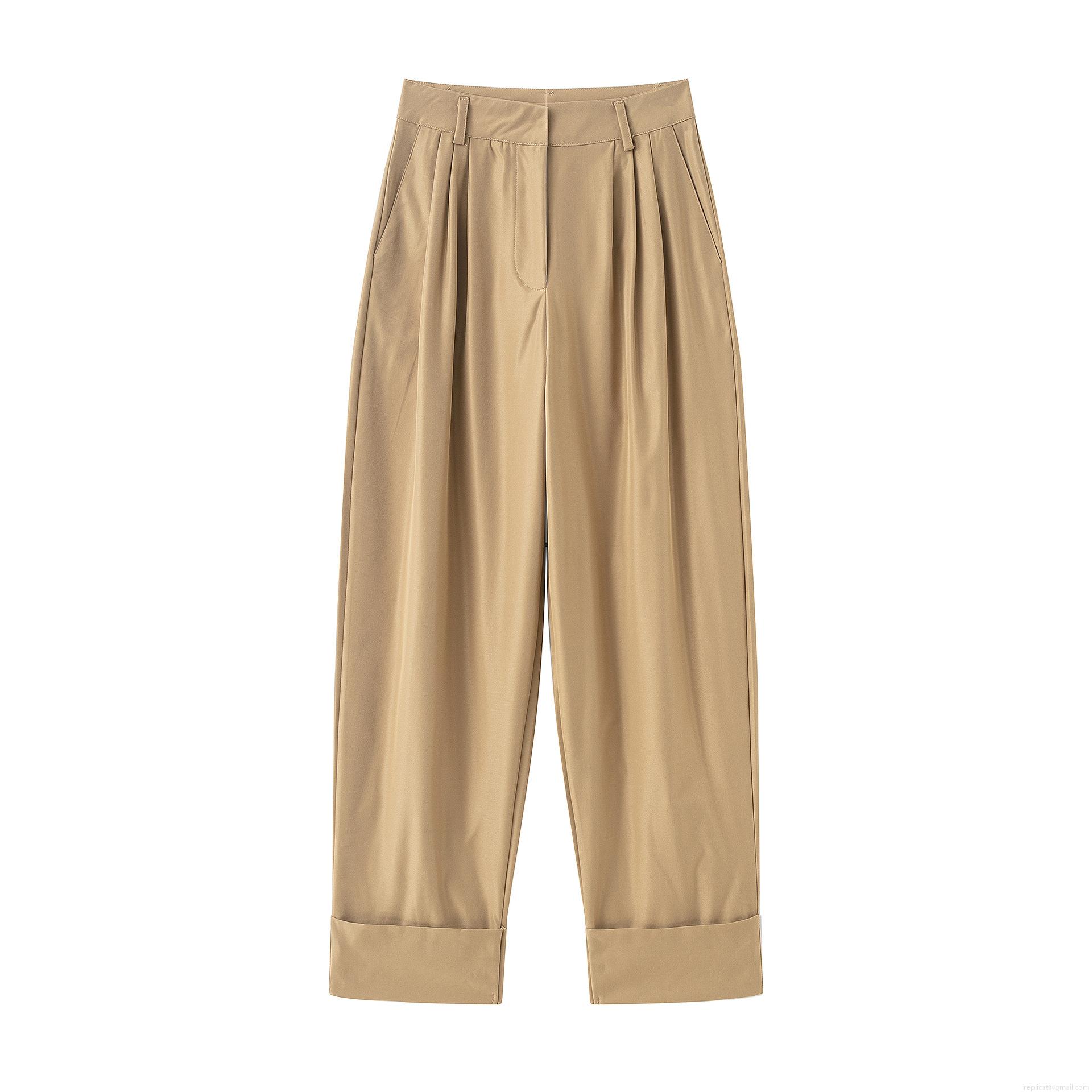 Women's High Waist Wide Leg Casual Pants Pleated Front Cuffed Hem Khaki 100% Polyester Trousers Straight Leg Fashion Commuter Lady Pants For Spring Fall
