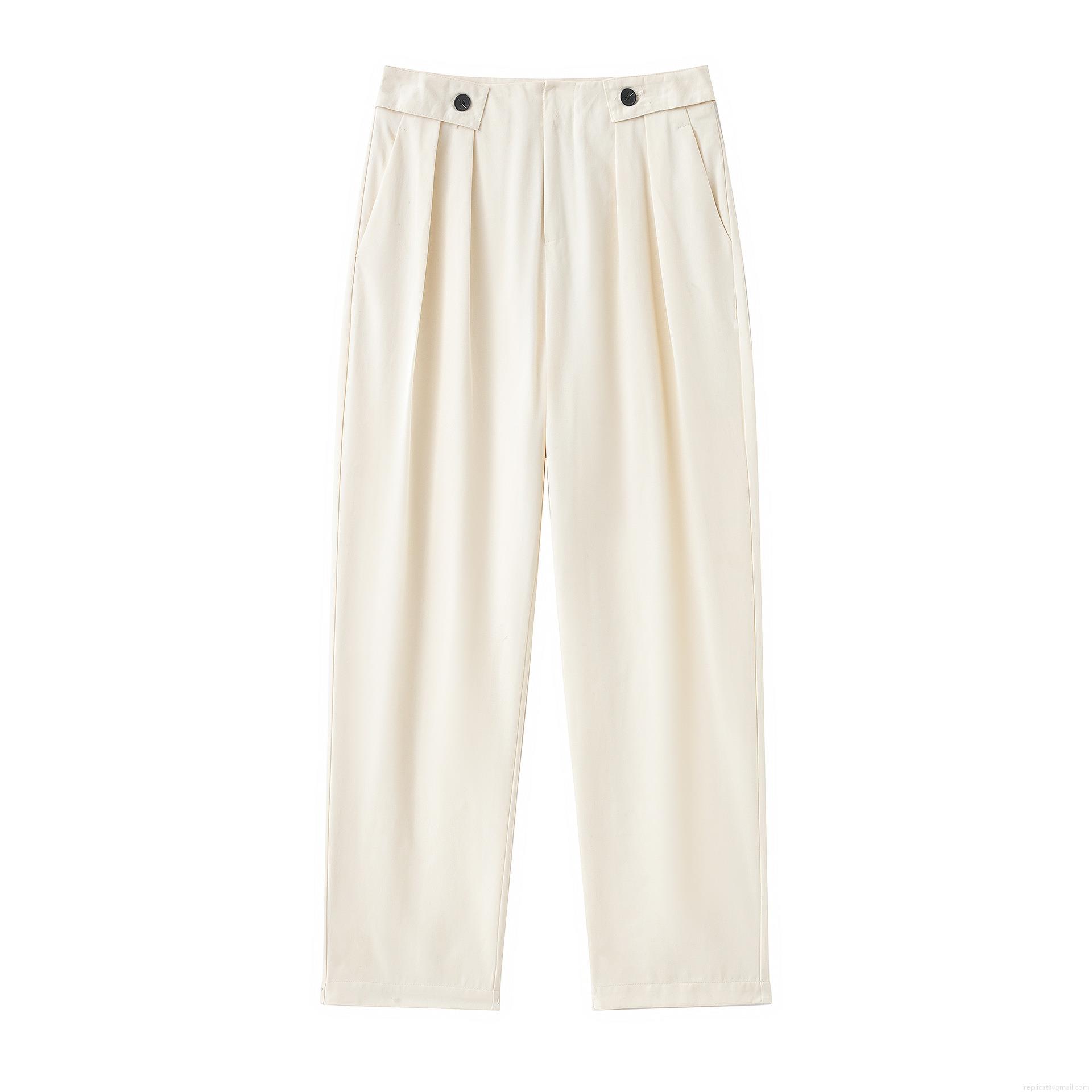 Women's High Waist Casual Wide Leg Pants Fashion Decorative Button Pleated Trousers Creamy White Straight Trousers For Office Daily Wear