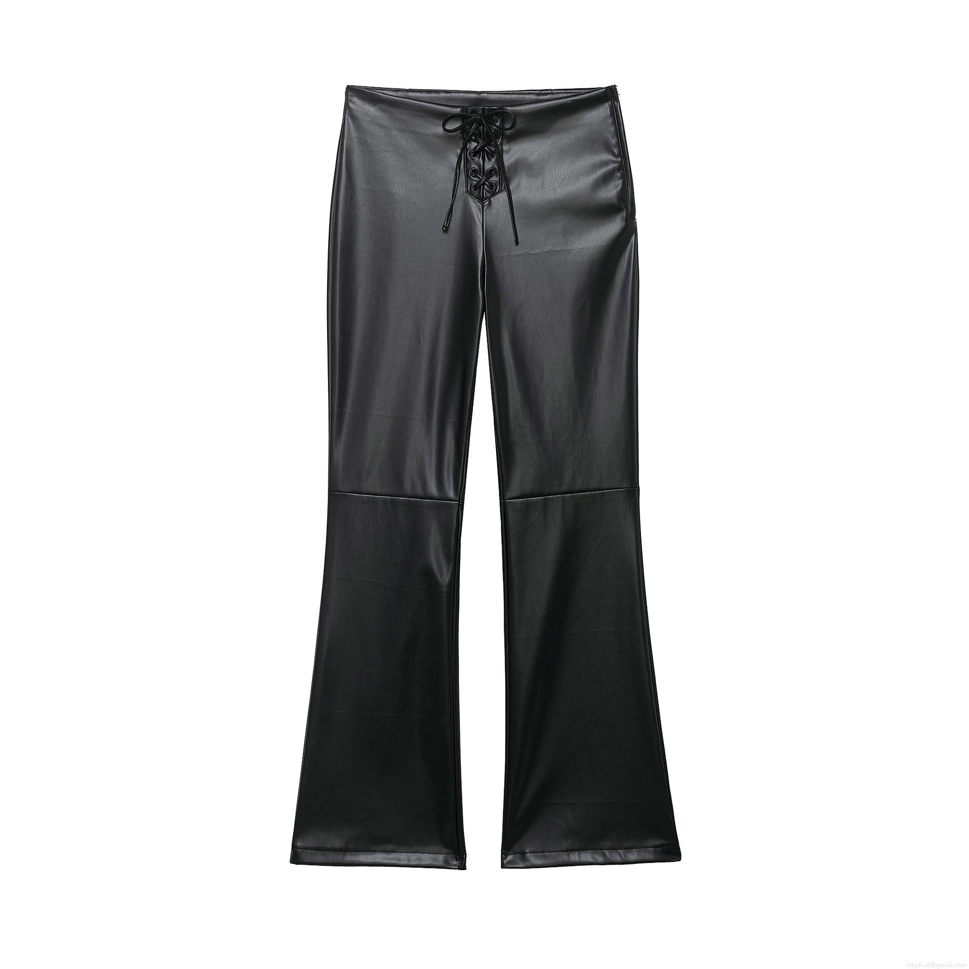Women's Fashion Faux Leather Flare Pants High Waist Cross Tie-Up Front PU Leather Trousers Slim Fit Black Bell Bottoms For Party Club Night Out