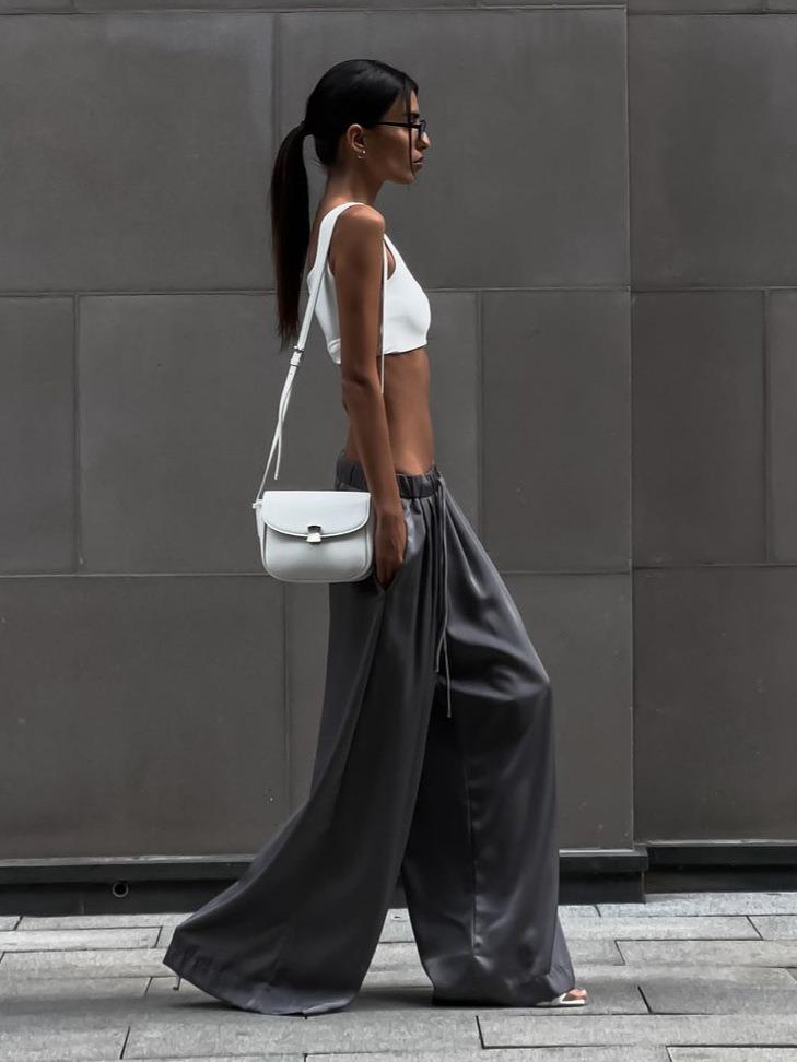 Women's High Waisted Wide Leg Satin Pants Glossy Cotton Blend Loose Trousers For Streetwear Party Commuter Modern Punk Style Summer