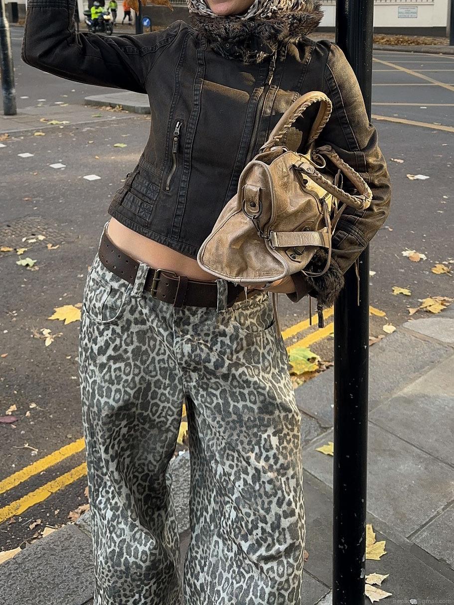 Women's Leopard Print Cotton Denim Jeans Streetwear Low Waist Straight Wide Leg Trousers American Retro Style Loose Pants