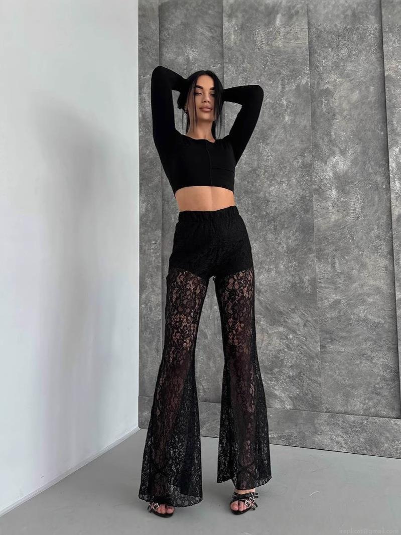 Sexy Women's Black Lace Flare Pants Set High Waisted See-through Floral Mesh Long Trousers With Lining For Summer Party Vacation Trousers