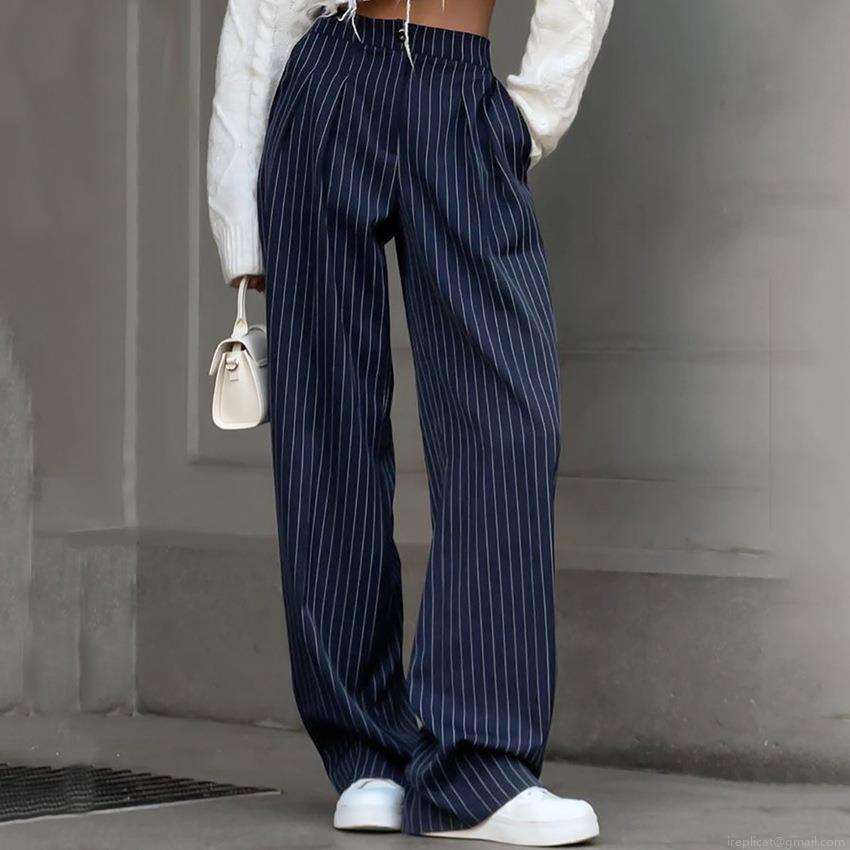 Women's Elegant Navy Blue Pinstripe Wide Leg Pants High Waisted Loose Casual Long Trousers Polyester Autumn Winter Fashion Pants