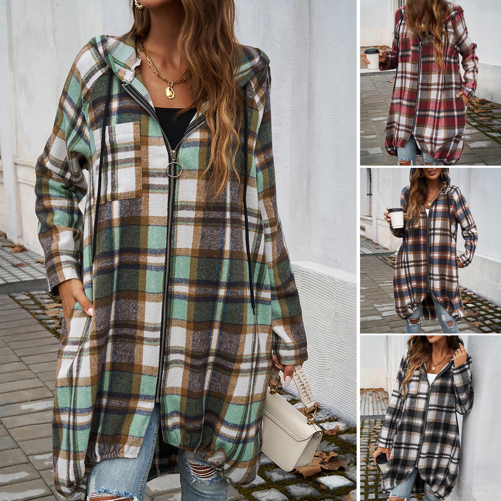 Women's Casual Plaid Hooded Long Coat Polyester Viscose Woven Zip-up Jacket Outerwear With Pockets Loose Fit Streetwear For Spring Autumn