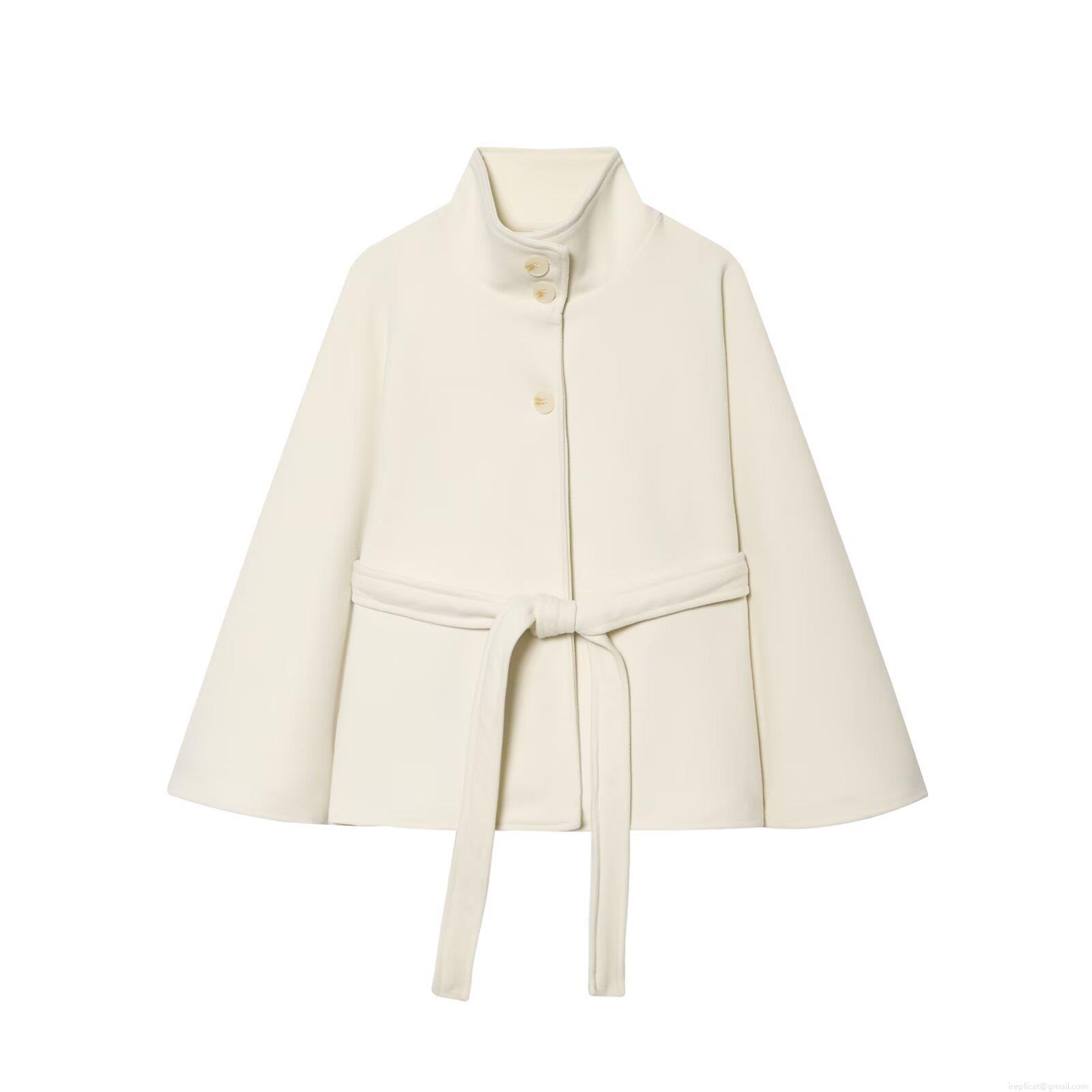 Women's Woolen Cape Coat Loose Fit Belted Poncho Jacket Elegant British Style Stand Collar Single Breasted Short Outerwear For Autumn Winter