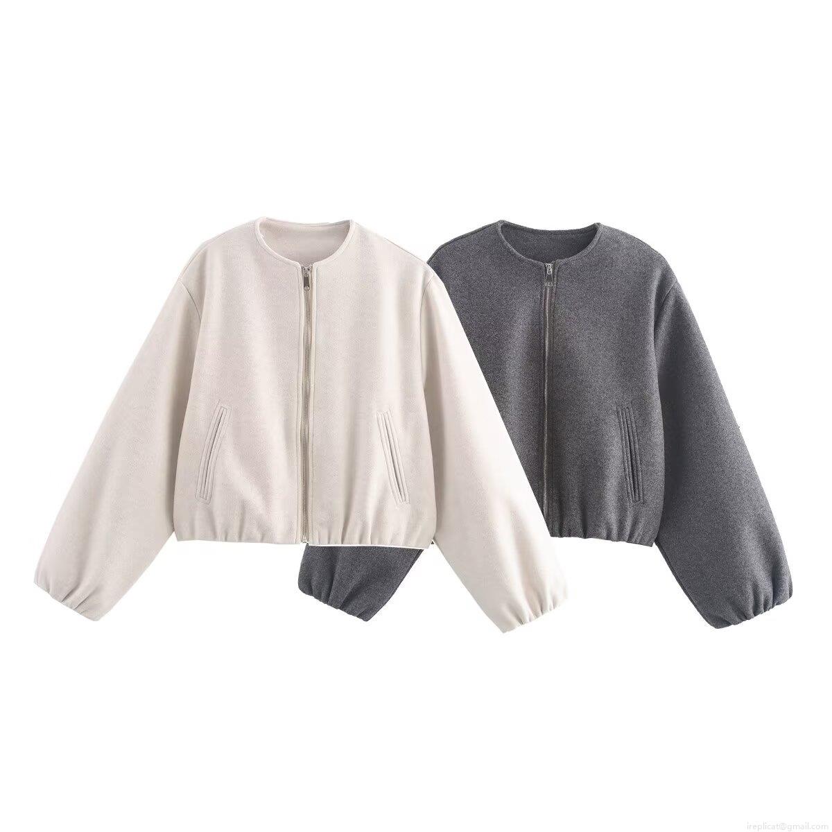 Women's Woolen Jacket Coat Minimalist Round Neck Zipper Short Outerwear Solid Color Casual Autumn Winter Polyester Coat for Women