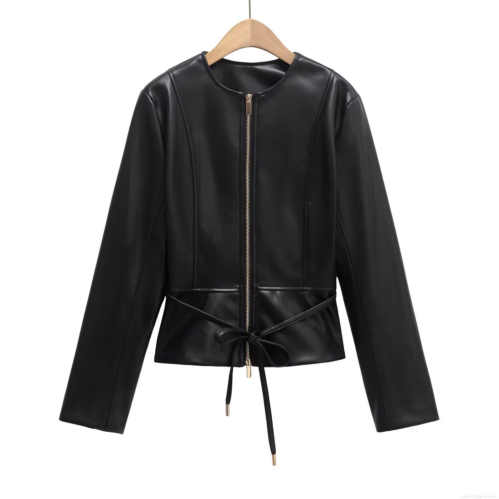Women's PU Leather Jacket Round Neck Long Sleeve Waist Tie Short Biker Coat Fashion Slim Fit Faux Leather Outerwear Streetwear For Ladies