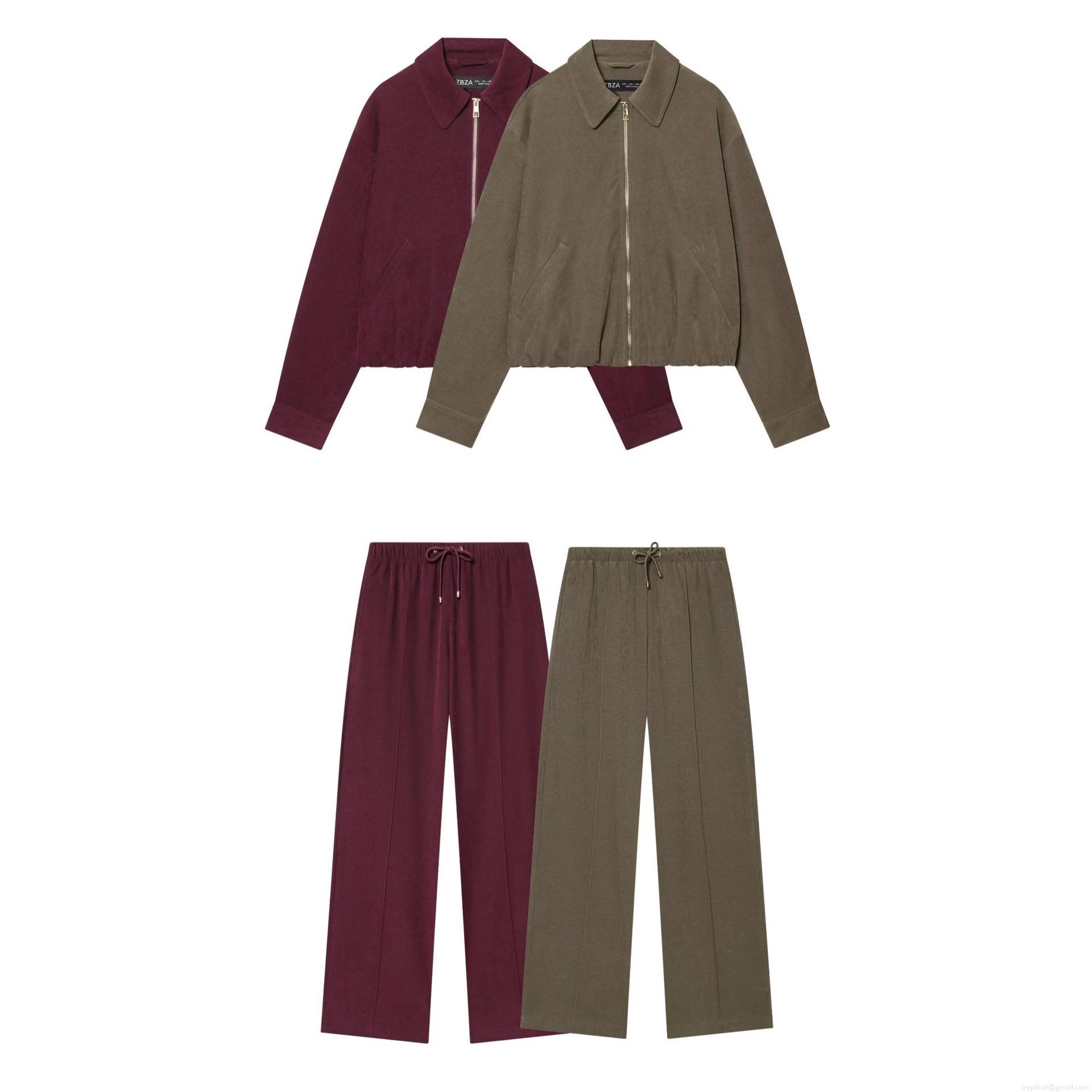 Women's Casual Solid Color Zipper Lapel Jacket Or Drawstring Elastic Waist Wide Leg Pants Streetwear Brushed Polyester Outerwear Bottoms Women's Clothing