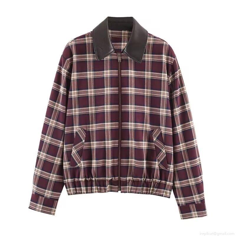 Women Vintage Plaid Jacket With Faux Leather Lapel Collar Casual Loose Long Sleeve Full Zip Bomber Coat Streetwear Burgundy Checked Outwear