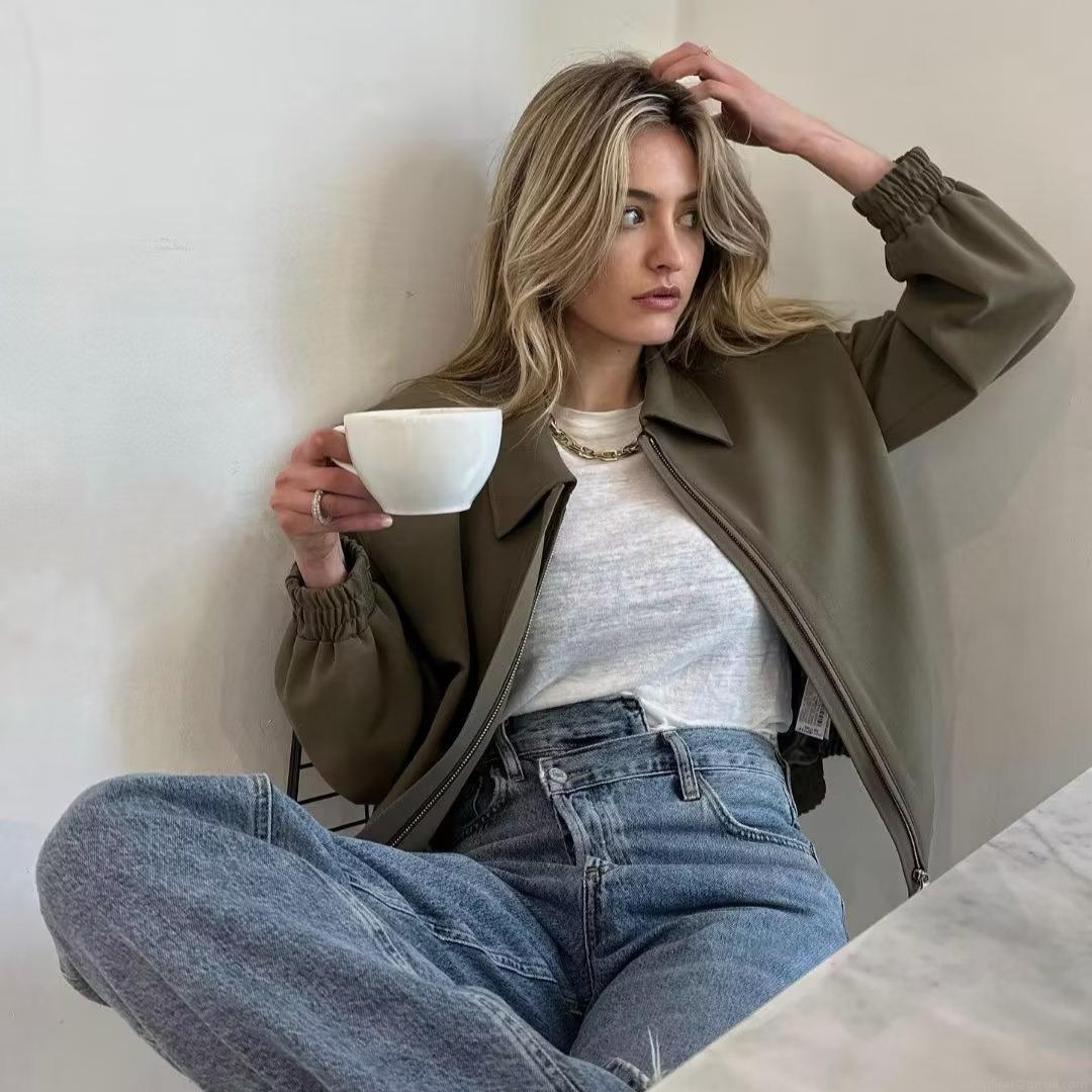 Women Fashion Lapel Collar Zipper Jacket Loose Solid Color Long Sleeve Baseball Uniform Outerwear Street Style Coat For Spring Autumn