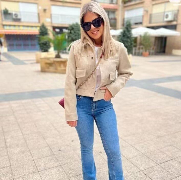Women Fashion Y2K Solid Color Woolen Short Jacket With Lapel Collar Single Breasted Buttons Loose Fit Long Sleeve Workwear Coat For Daily Streetwear