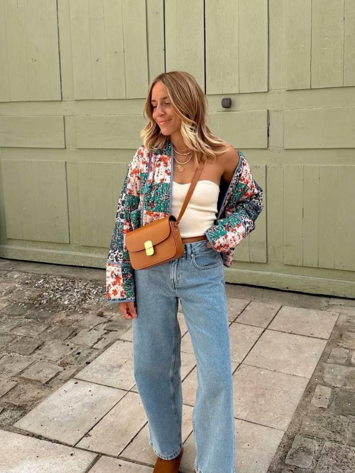 Women's Vintage Floral Print Quilted Cotton Jacket Loose Open Front Patchwork Padded Coat Boho Casual Outerwear For Autumn Winter