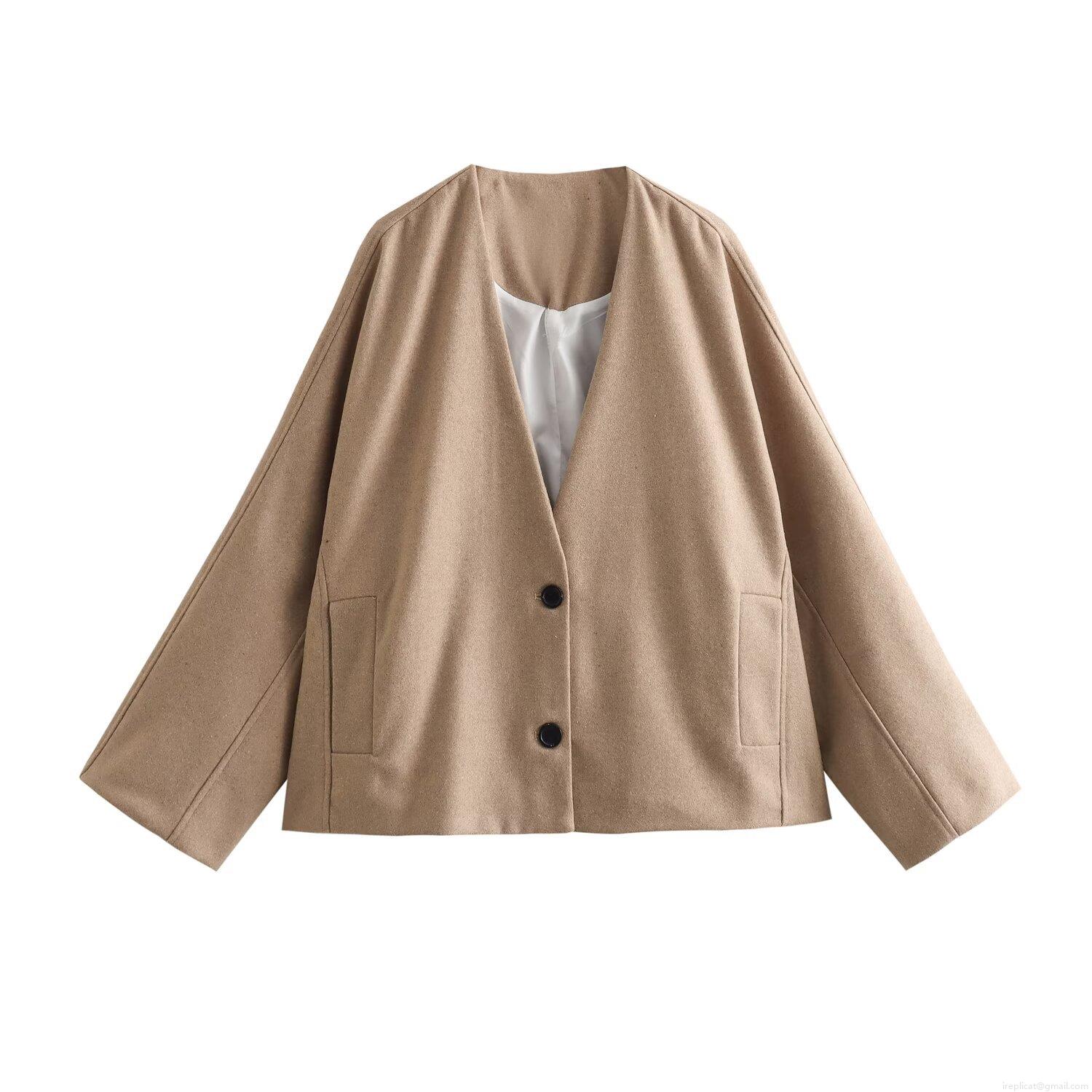 Women's Casual V-Neck Loose Jacket Coat Single Breasted Two Buttons Polyester Blend Outerwear With Pockets Streetwear Fashion For Spring