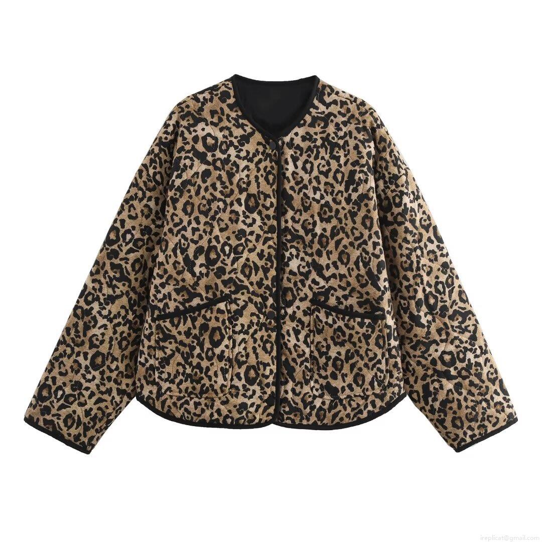 Women's Leopard Print Quilted Jacket Round Neck Button Down Lightweight Padded Coat With Pockets Casual Long Sleeve Outerwear Fashion Streetwear Street Style Coat