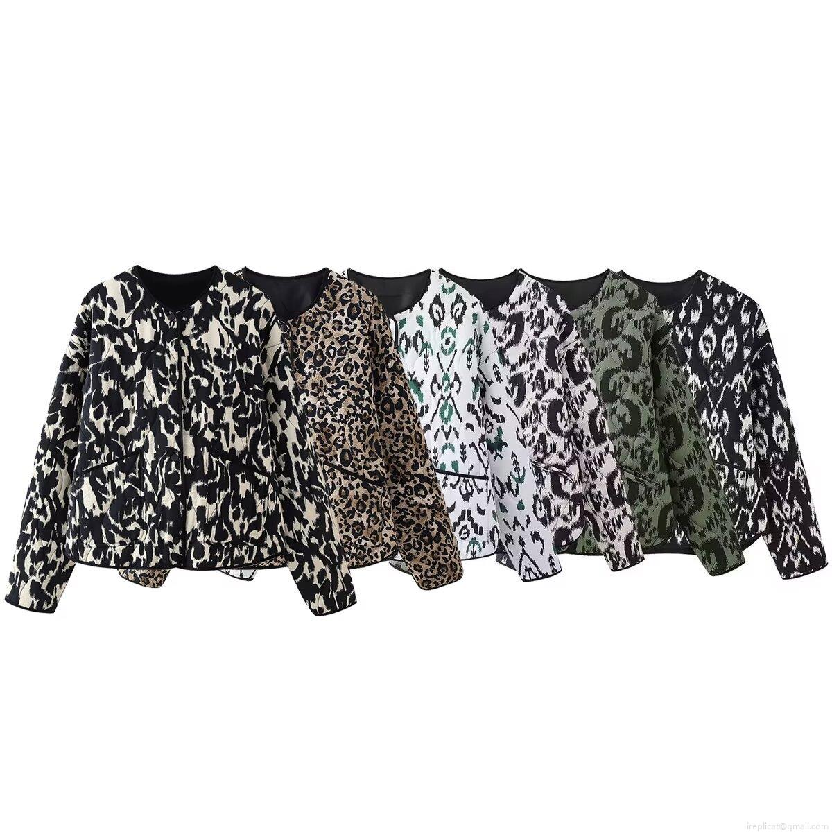 Women's Quilted Jacket Animal Leopard Print Single Breasted Round Neck Cotton Padded Coat American Style Loose Streetwear Outerwear For Autumn Winter