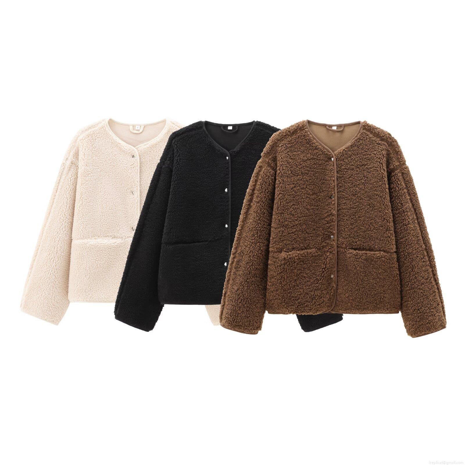 Women Round Neck Teddy Fleece Jacket Solid Color Long Sleeve Warm Lamb Wool Coat With Pockets Casual Single Breasted Outerwear For Autumn Winter