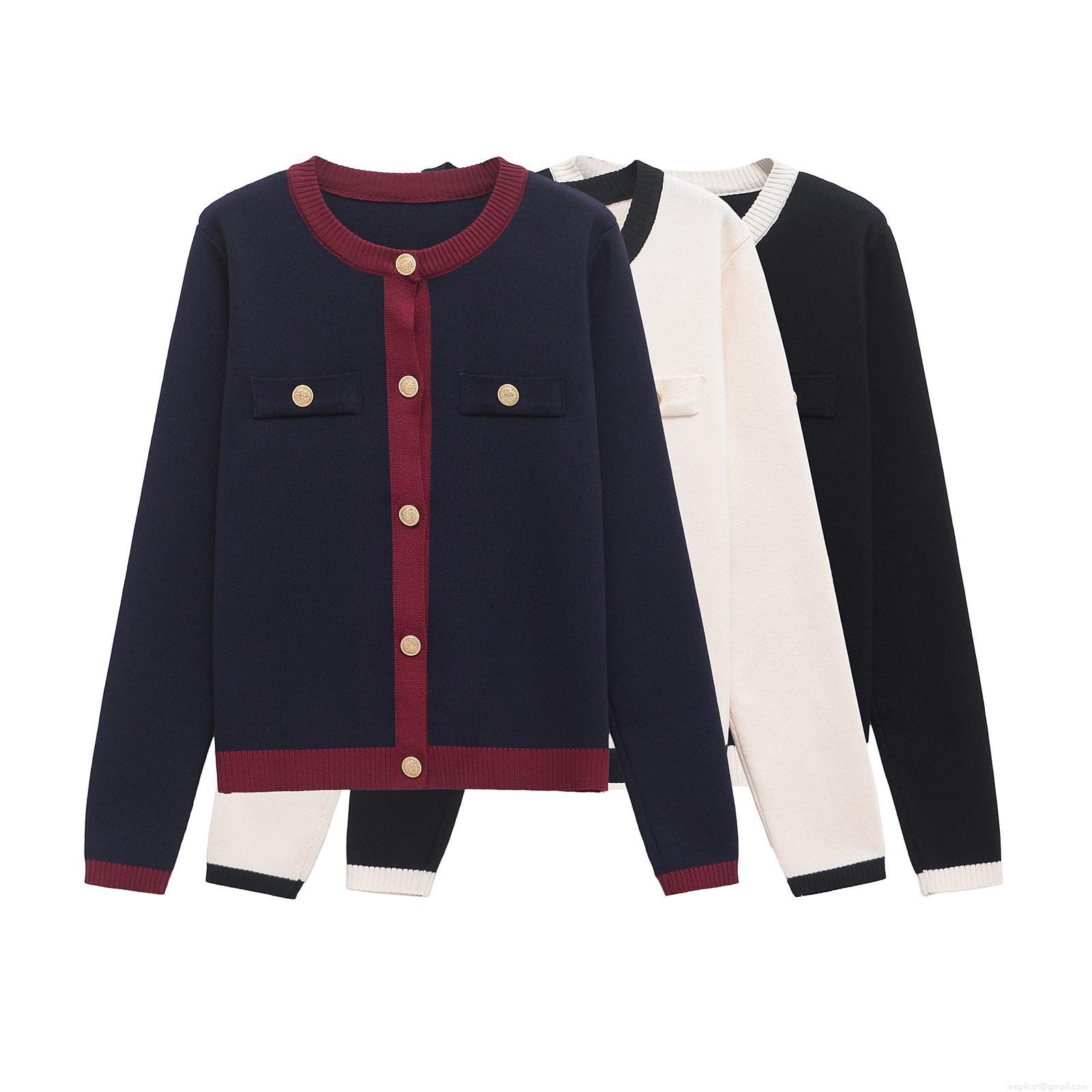 Elegant Women Knit Cardigan Jacket Polyester Contrast Trim Gold Button Long Sleeve Round Neck Sweater For Office Daily Commute Fashion Outerwear