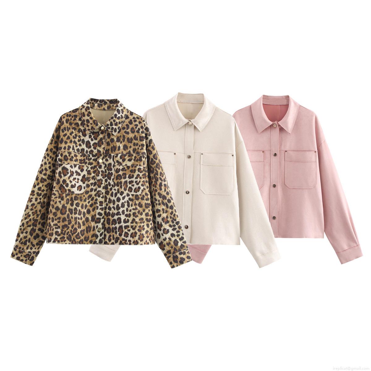 Women Fashion Faux Suede Shacket Jacket Leopard Print Solid Color Long Sleeve Button Down Shirt Outerwear With Dual Pockets Autumn Casual Coats For Women