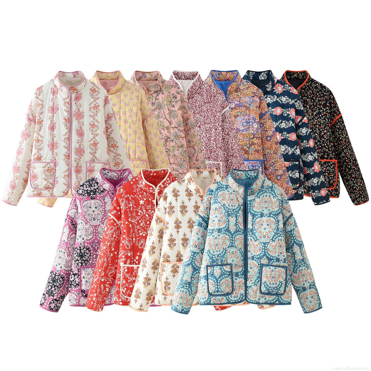 Women's Vintage Floral Quilted Jacket 100% Polyester Long Sleeve Stand Collar Padded Coat With Pockets Bohemian Paisley Print Outwear For Autumn Winter