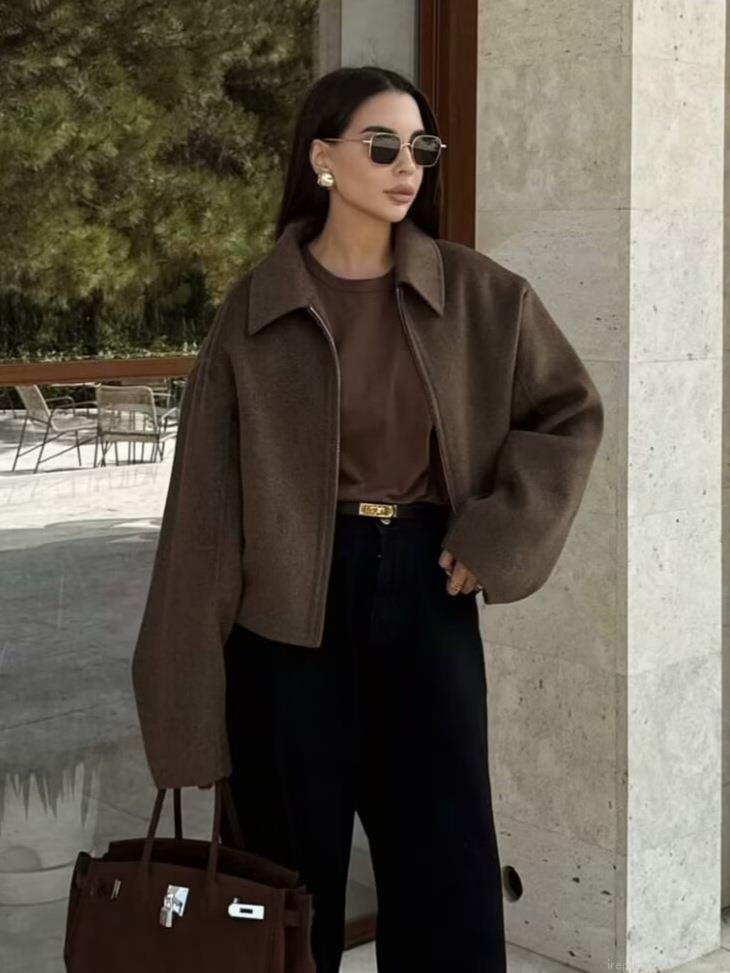 Women's Oversized Woolen Jacket Zip Up Lapel Long Sleeve Loose Coat Casual Warm Outerwear With Pockets For Fall Winter
