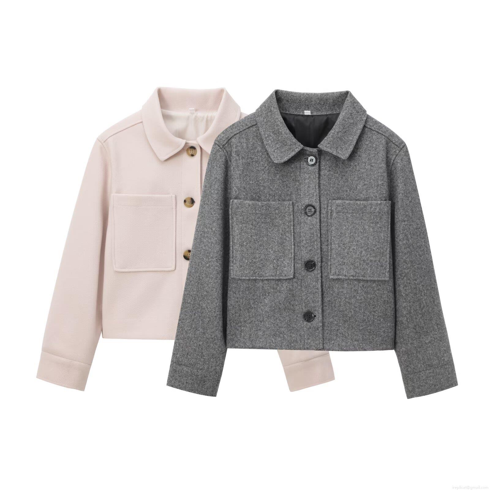 Women's Short Wool-Like Jacket Turn-Down Collar Single Breasted Solid Color Casual Streetwear Coat With Two Large Pockets For Daily Autumn Wear