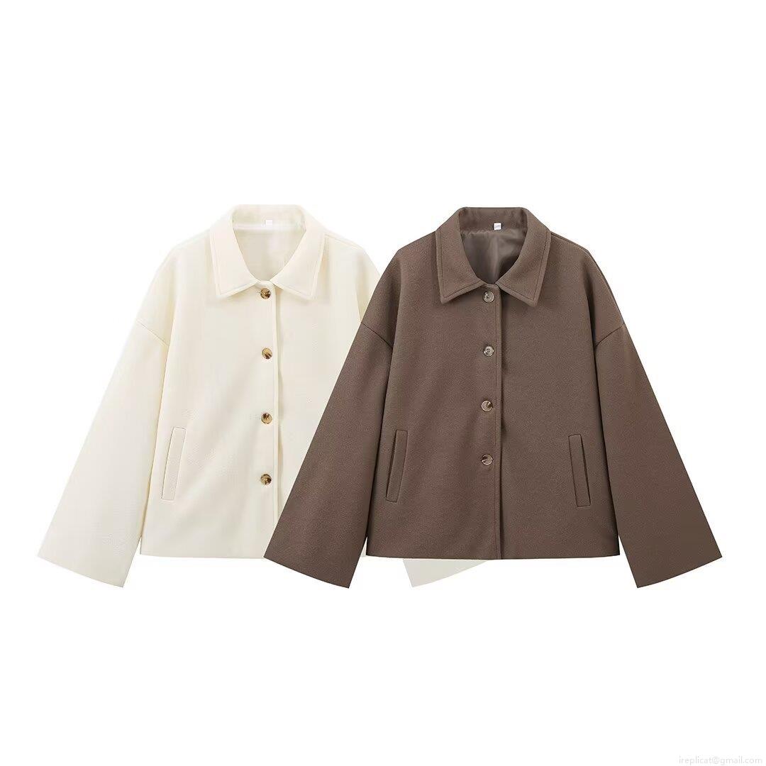 Women's Fashion Short Woolen Jacket Autumn Winter Lapel Long Sleeve Single Breasted Solid Color Polyester Coat For Ladies Casual Streetwear Outerwear