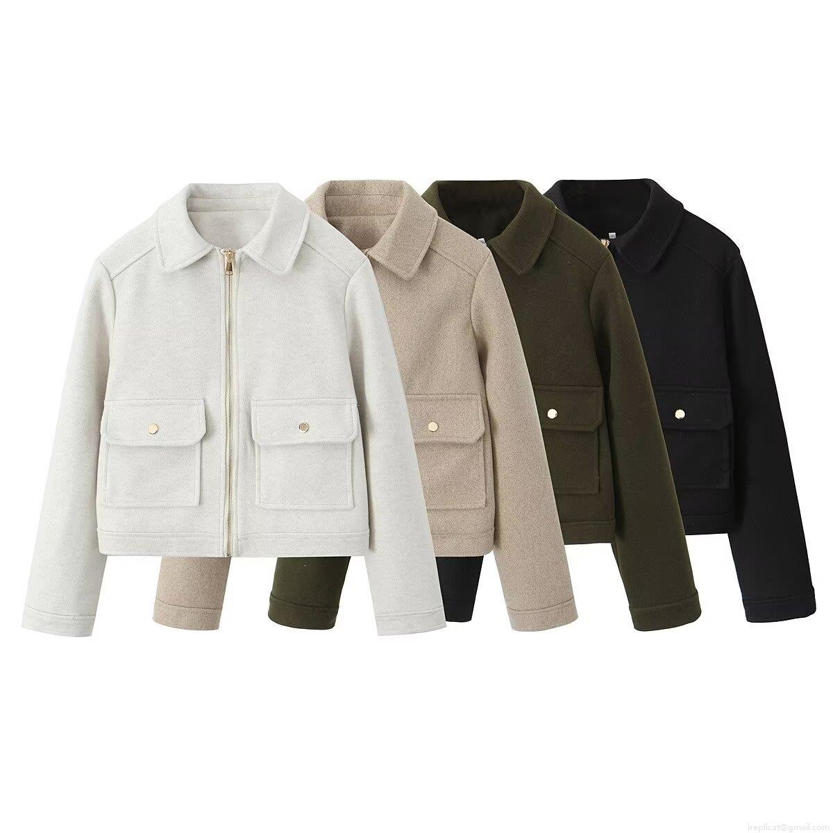 Women Fashion Lapel Zipper Woolen Look Jacket Long Sleeve Solid Color Pocket Coat Streetwear Casual Winter Outerwear For Ladies