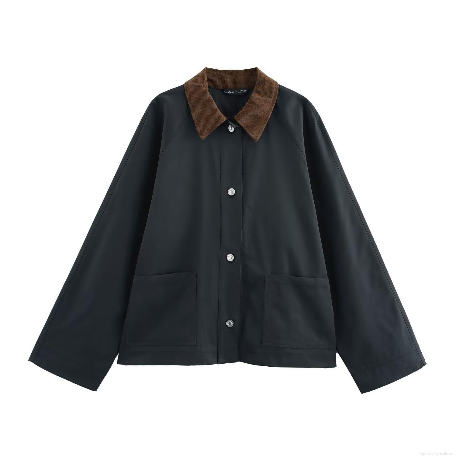 Women's Fashion PU Leather Jacket With Brown Corduroy Collar Single Breasted Mid Length Long Sleeve Streetwear Coat For Spring Autumn Outerwear