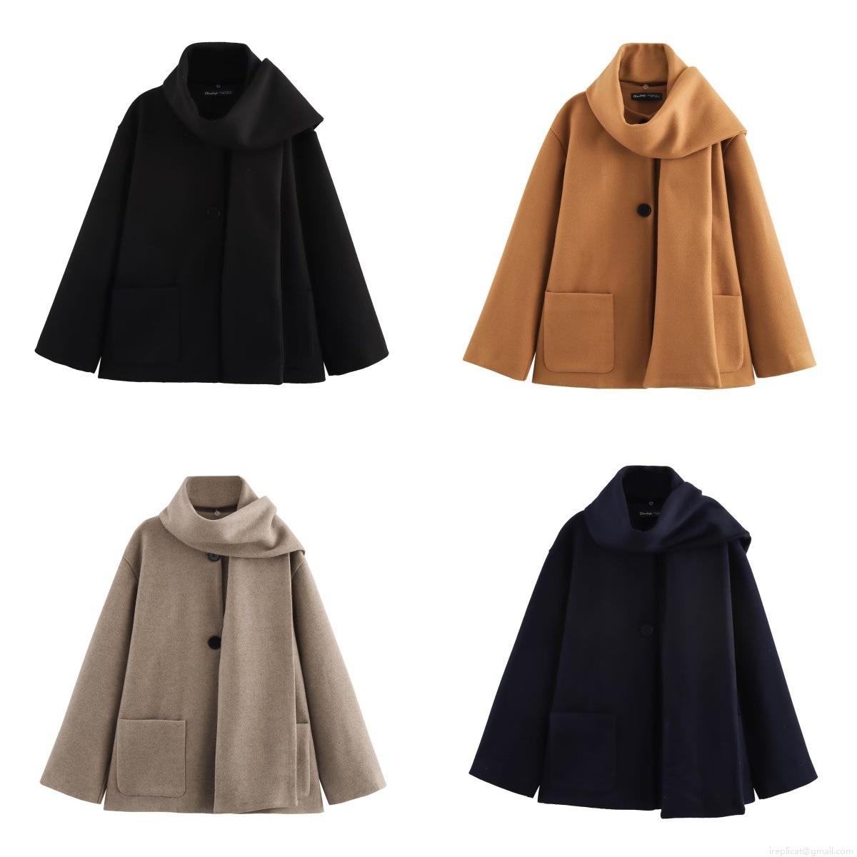 Women's Scarf Collar Woolen Coat Solid Color Long Sleeve Jacket With Big Pockets Fashion Outerwear For Fall Winter Street Style