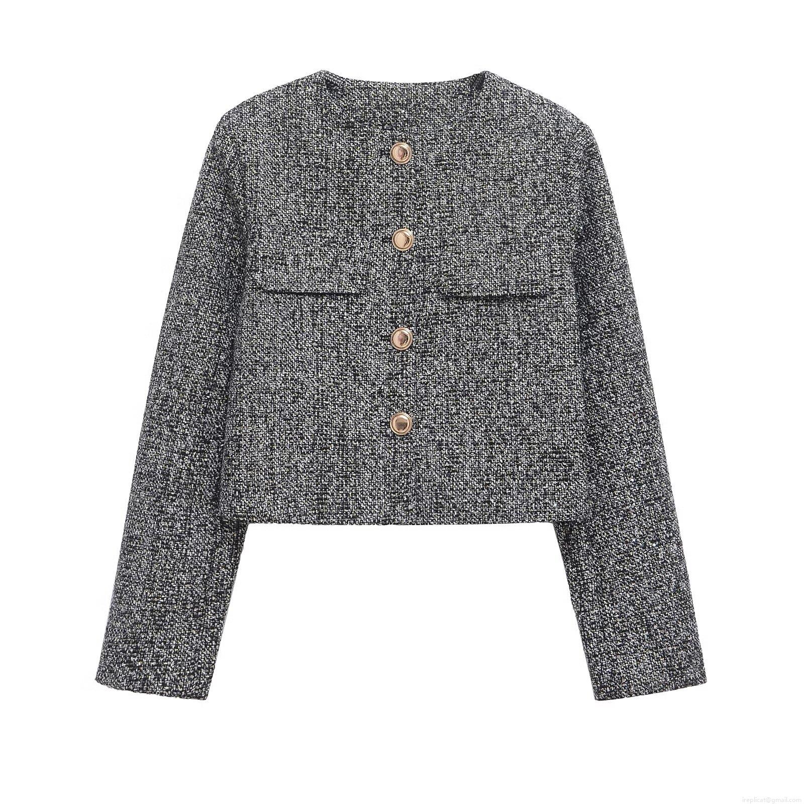 Women's Short Tweed Jacket Long Sleeve Round Neck Polyester Outerwear With Gold Buttons Casual Streetwear Cropped Top For Women Grey