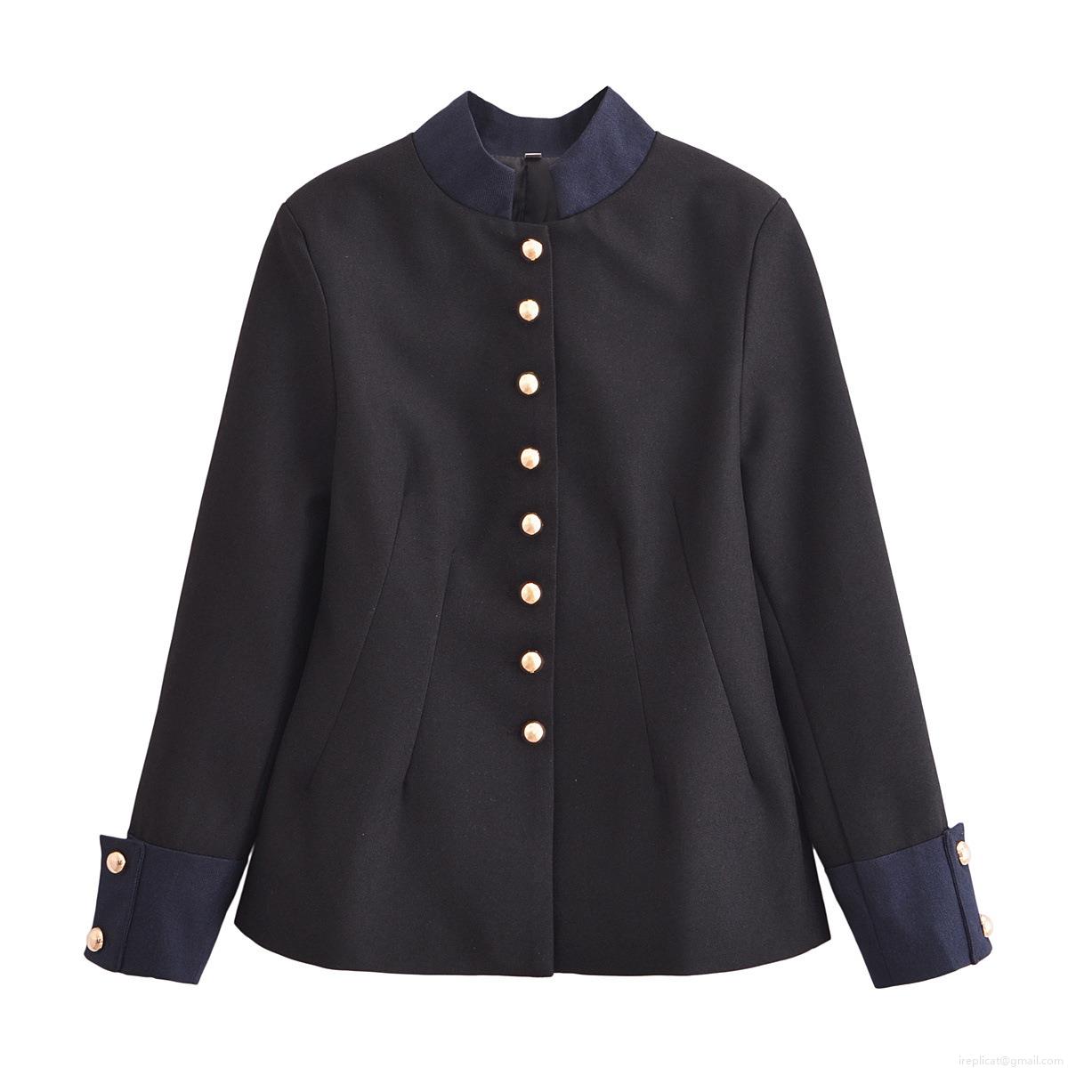 Women's Vintage Stand Collar Jacket With Gold Jewelry Buttons Black Contrast Patchwork Long Sleeve Outerwear For Streetwear Party Office Polyester Blazer Coat