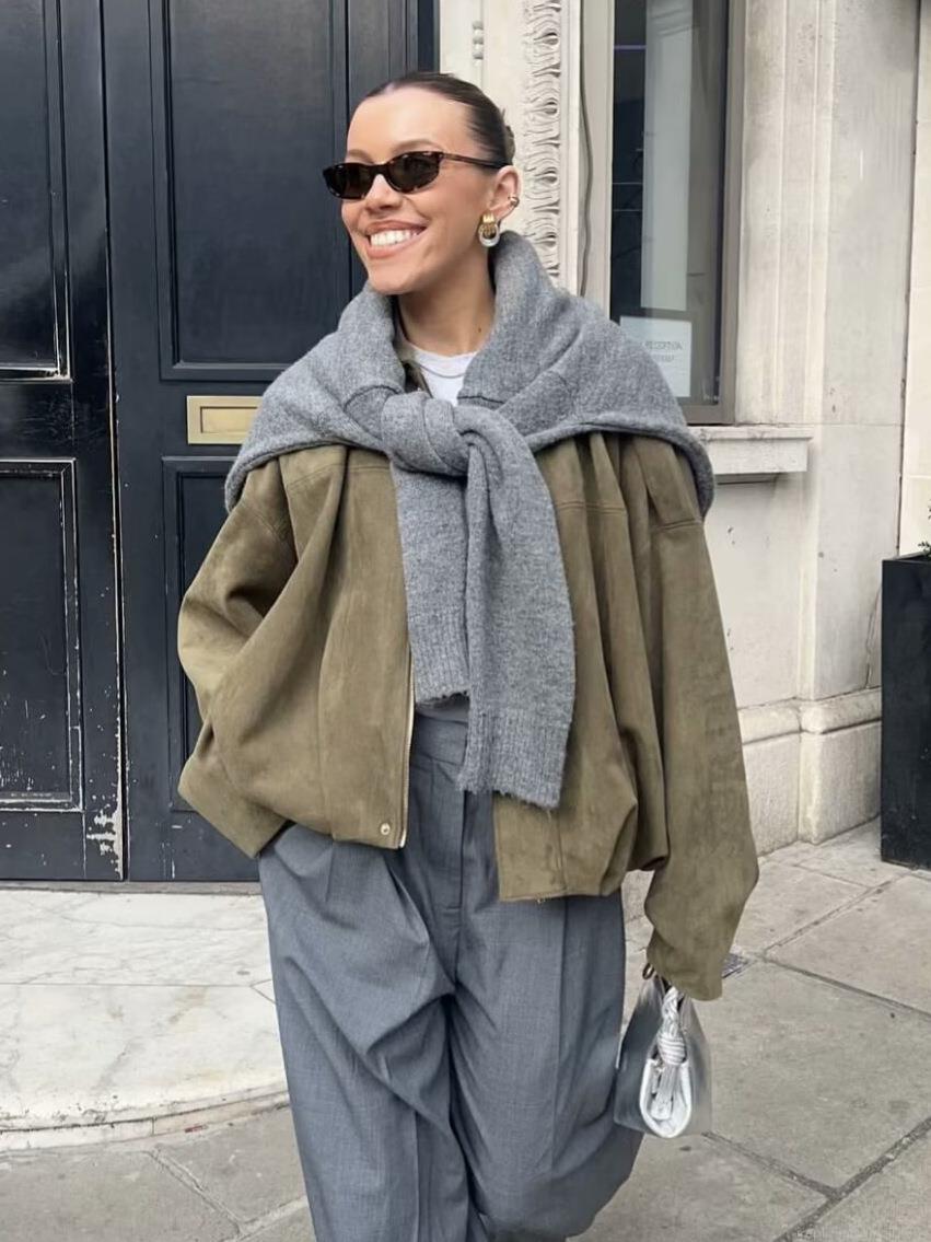 Women's Vintage Faux Suede Bomber Jacket Oversized Lapel Dropped Shoulder Long Sleeve Casual Streetwear Short Coat Solid Color 100% Polyester Outerwear Spring Autumn Fashion