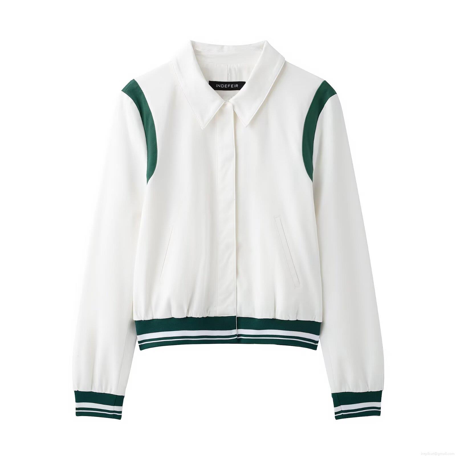 Women's Fashion Color Block Contrast Ribbed Jacket Lapel Long Sleeve Polyester Casual Loose Varsity Outerwear For Women Streetwear