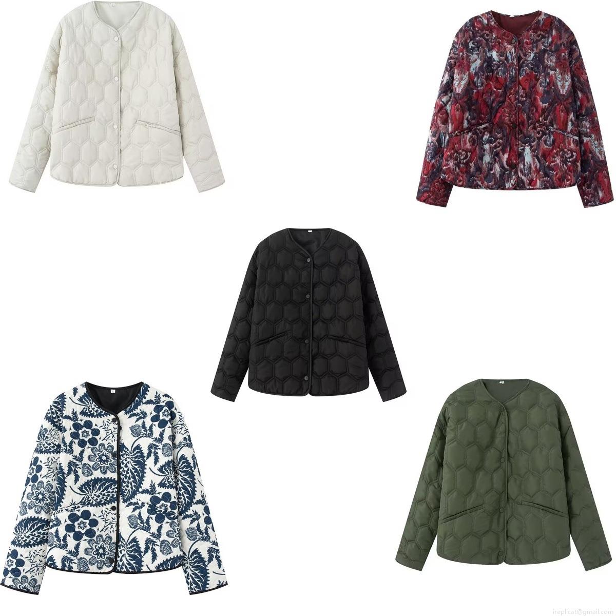 Women's Quilted Jacket Long Sleeve Round Neck Button Down Floral Print Polyester Warm Outerwear Coat For Autumn Winter Casual Streetwear